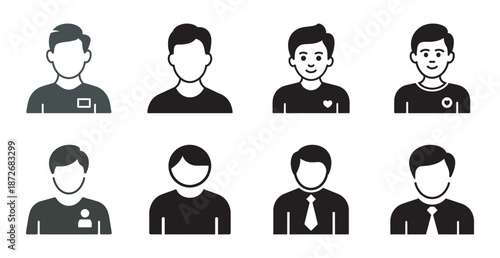 Collection of flat black and white male user icons representing different roles and avatars