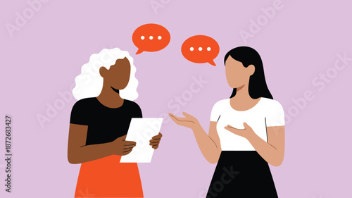 Two women with different hair and skin tones are engaged in an important conversation with speech bubbles