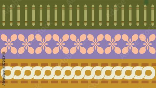 Vibrant horizontal bands feature a fence like pattern, stylized flowers, and a repeating golden chain motif