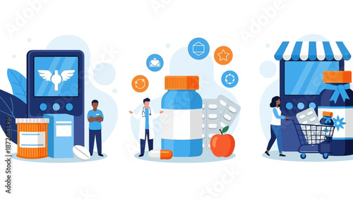 Exploring the evolving world of healthcare, this vector illustration highlights digital pharmacy services, medical advice, and convenient medicine shopping experiences.