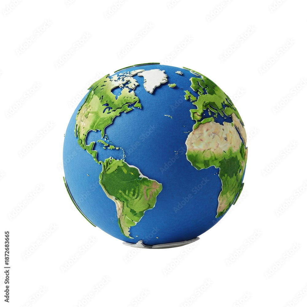 Fototapeta premium A spherical planet earth with green felt landmasses and blue paper oceans, crafted as textured cutouts. isolated on a transparent background with copy space and studio lighting, concept of global