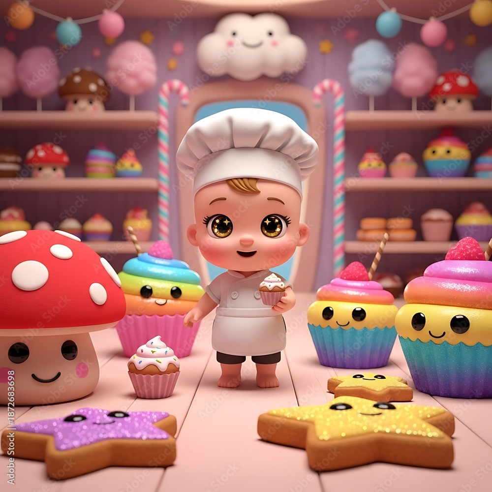 Fototapeta premium Little chef in colorful candy store.