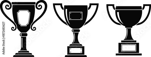 Black trophy cup silhouettes set, award icons collection, championship winner prize symbols, achievement success illustration isolated on white background