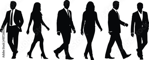 Business professionals walking in silhouette, corporate attire, teamwork, leadership, career growth, office culture, success, motion, diversity, urban lifestyle, ambition, professionalism