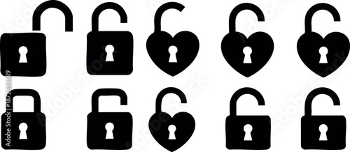 Set of unlocked and locked padlock icons with heart shapes and classic designs in black vector illustration