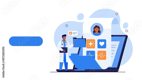 A medical professional interacts with a digital patient record system on a laptop, showcasing modern telemedicine and healthcare technology.