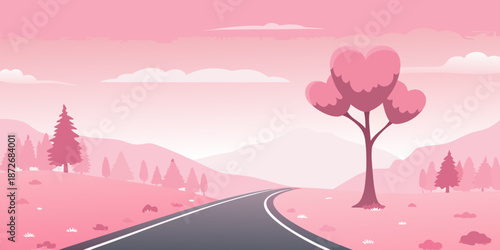 A winding road leading through a pink landscape with stylized trees
