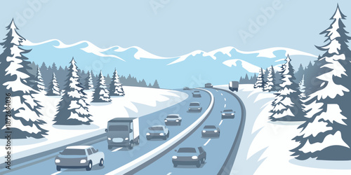 Snowy highway winding through a mountainous landscape with vehicle traffic