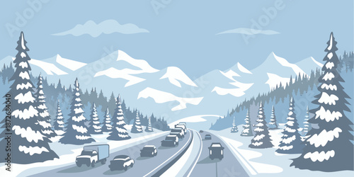 A winter highway winds through snow covered mountains and evergreen forests