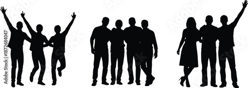 Group of happy people silhouettes celebrating teamwork, friendship and unity isolated on white background for community and success concept design