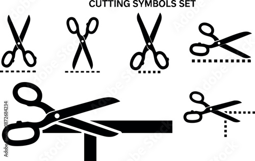 Cutting symbols set with various scissor icons for design and craft usage in black silhouette style vector illustration