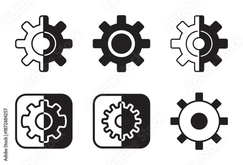 Black and white gear icon set for settings and mechanical configuration symbols