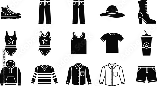 Clothing icons, fashion accessories, silhouette garments, black vector symbols, outfit elements, apparel illustration, shoes, hats, shirts, flat vector illustration