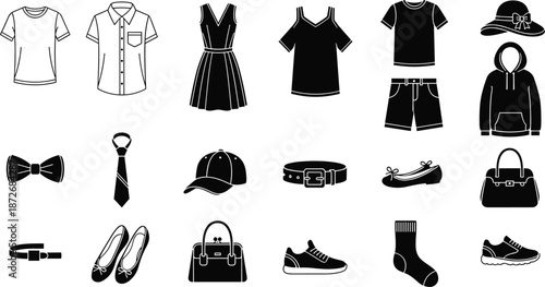 Clothing icons, fashion accessories, silhouette garments, black vector symbols, outfit elements, apparel illustration, shoes, hats, socks, flat vector illustration