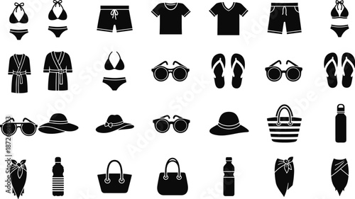 Beachwear icons, summer clothing, swimwear silhouettes, vacation essentials, flip-flops, bikinis, hats, bags, sunglasses, flat vector illustration**