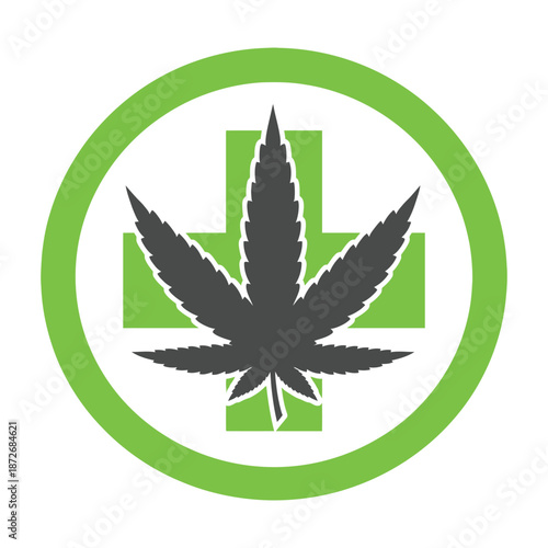 A green circular emblem featuring a dark gray cannabis leaf with a medical cross background