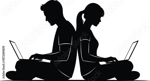 Silhouette of two people using laptops, remote work, digital lifestyle, online learning, modern technology, productivity, communication, teamwork, connection, focus
