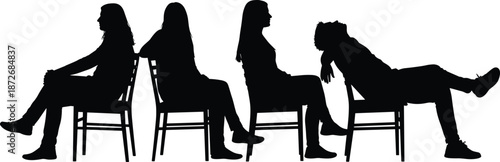 Silhouette people sitting on chairs, modern dance poses, contemporary art concept, dramatic human shapes, minimalist black figures