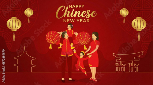 Flat vector illustration of happy Asian family wearing traditional clothing, celebrating Lunar festival - Happy Chinese New Year greeting card, togetherness, joy, luck, prosperity 