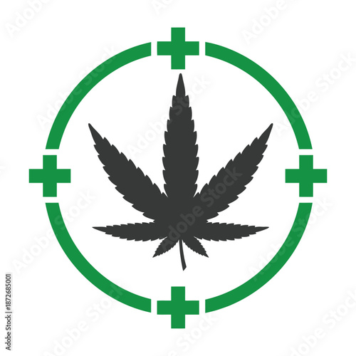A circular emblem featuring a cannabis leaf silhouette surrounded by a green ring with plus signs