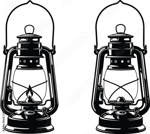 Vintage oil lanterns, lit and unlit, rustic lighting, antique design, traditional lamp, night illumination, classic decor, camping gear, survival essentials