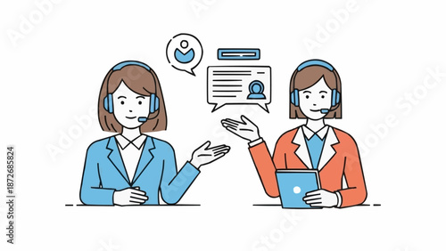 Two women wearing headsets communicating with customers.