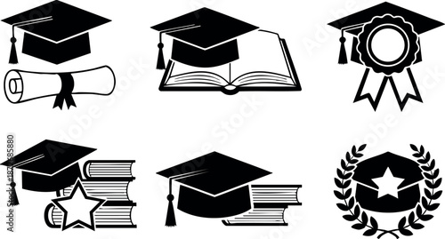 Graduation cap diploma book ribbon medal star laurel wreath academic achievement vector icons set