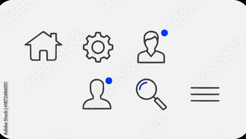 User interface icons for navigation and settings on a light background.