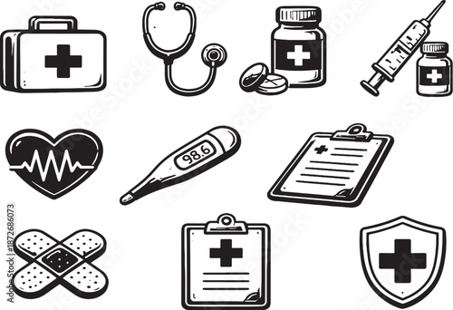 Medical and Healthcare Black and White Line Art Icon Set eps
