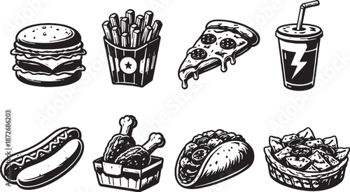 Black and White 3D Line Art Fast Food Icons Set eps