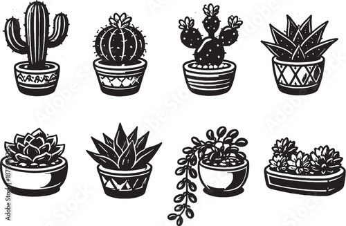 Black and White 3D Line Art Cacti and Succulents Icons Set eps
