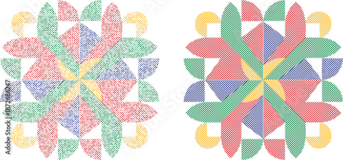 Pair of vibrant abstract geometric mandala patterns with a unique dotted and retro aesthetic isolated on transparent background, Vector