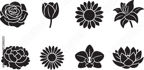 Black and White 3D Line Art Decorative Flower Blooms Icon Set eps