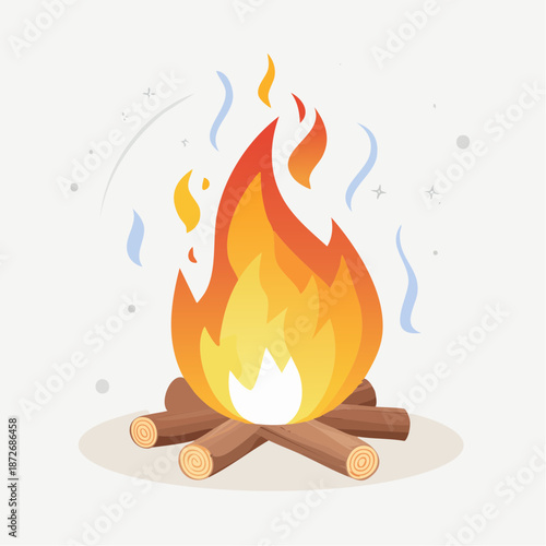 A vibrant campfire illustration with flames and logs on a white background