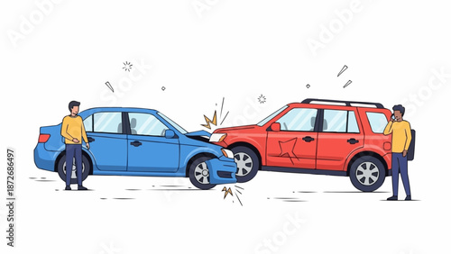 Two people stand by their damaged cars after a collision on a white background.