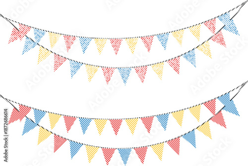 Festive colorful party bunting decoration with red yellow and blue flags for celebration events isolated on transparent background, Vector