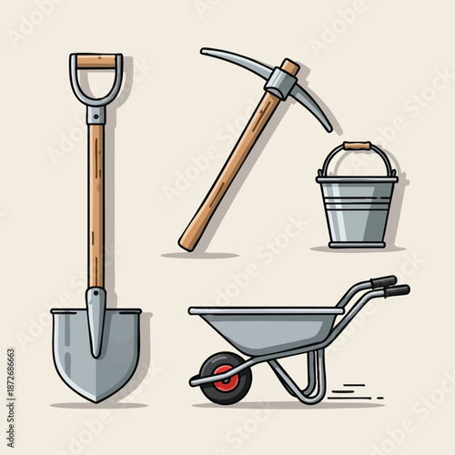 Shovel pickaxe bucket wheelbarrow set for gardening.