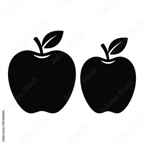 Simple black and white illustration depicting two round apples with leaves and stems presented closely