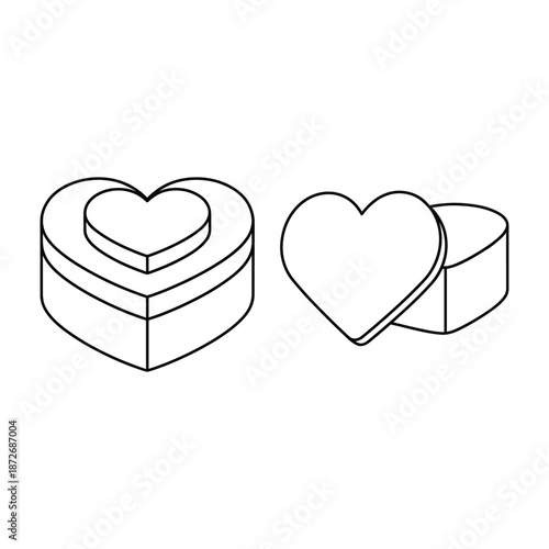 Minimalist line art depicts stacked and separate heart shaped boxes in a simple elegant design