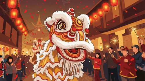 Vector illustration : chinese lion dance costume performance, chinese lanterns, chinatown outdoors, people, night - Chinese New Year Lunar celebration, Beijing travel, tourism, luck, prosperity