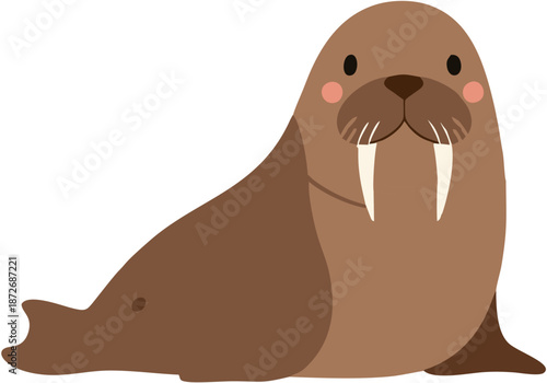 Cartoon walrus with tusks smiling.