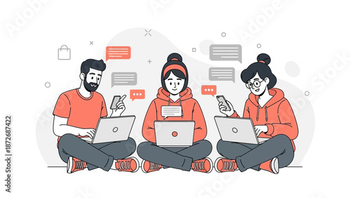 Teamwork Collaboration Digital Communication Laptops Smartphones Chat Bubbles Flat Design