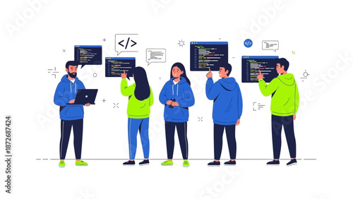 Teamwork in Coding: Developers collaborating on software development project