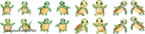 Watercolor of cartoon sea turtles. Isolated on white background set