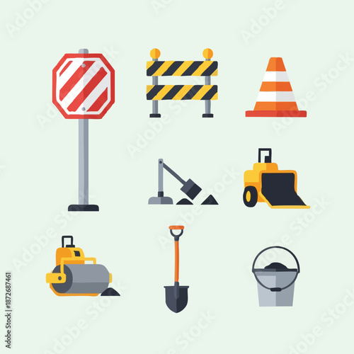 Construction site icons set roadwork warning signs equipment.