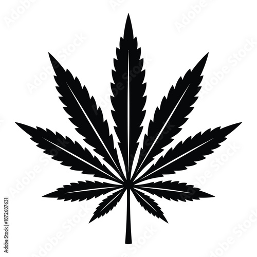 A detailed black and white illustration depicts a single cannabis leaf with distinct serrated edges