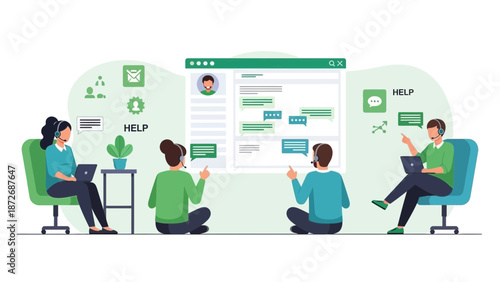 Customer Service Team Chatting Online with Clients via Computer Interface