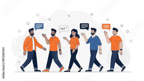 Diverse group of people communicating with speech bubbles, abstract background