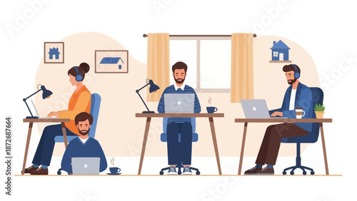 People working remotely on laptops in a co-working space, home office.