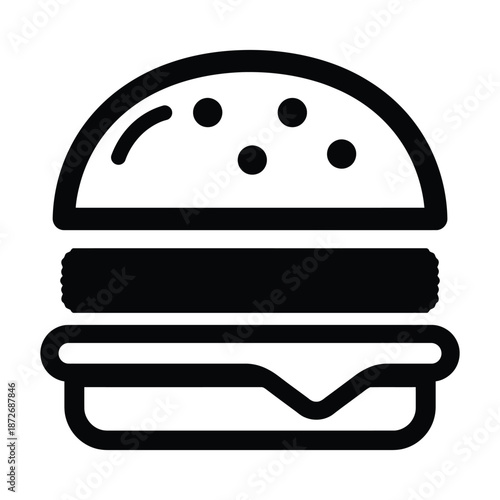 Simple black and white illustration of a classic hamburger showcasing iconic food design elements